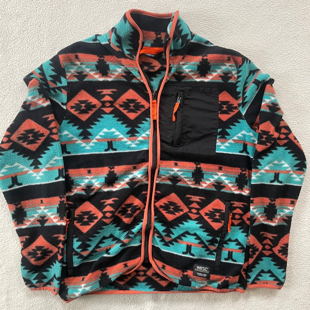WeSC Mens Large‎ / Womens XL Fleece Jacket Teal Orange Aztec Geometric Full Zip